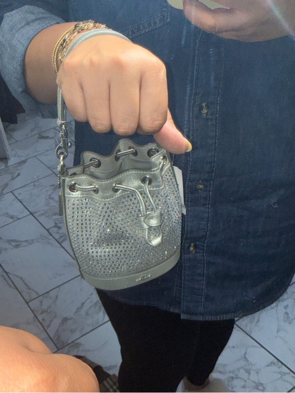 New Coach Metallic Silver Crystal-Embellished Bucket mini Bag - Picture 9 of 10